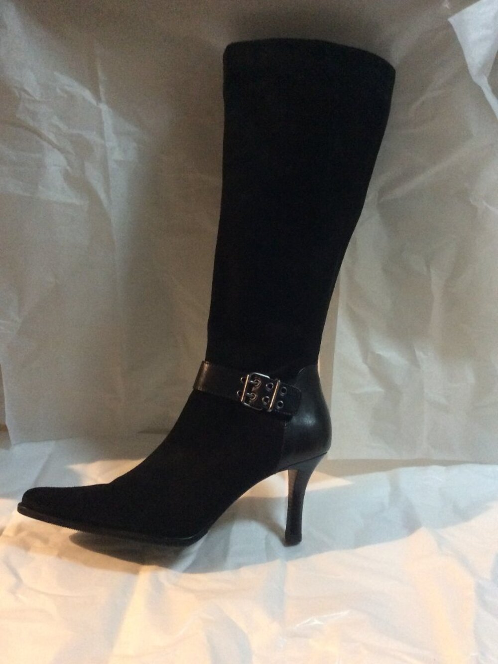 Franco Sarto Black Suede Leather Buckle Heeled Tall Boots Size 10M